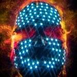 Abstract image of a digital skull with glowing neon lights, representing technology and innovation.