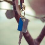 A close-up shot of a key with a leather strap hanging from a tree branch.