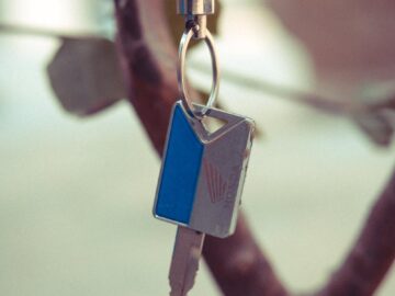 A close-up shot of a key with a leather strap hanging from a tree branch.