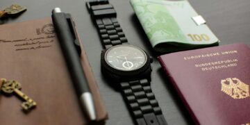 A neatly arranged flat lay depicting essential travel items such as a German passport, wristwatch, and euro bills on a desk.