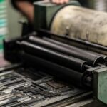 Detailed view of an industrial printing press with precise mechanics.