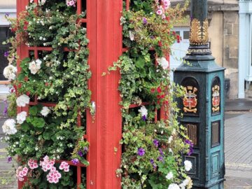 A classic red telephone booth adorned with colorful flowers in an urban setting.