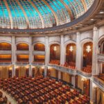 Majestic view of an ornate parliamentary chamber with a striking turquoise dome and plush seating.