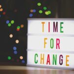 Colorful illuminated sign displaying the motivational message 'Time for Change'.