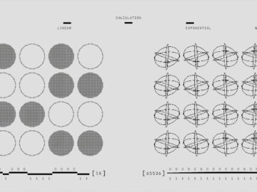Visual representation of geometric calculations comparing bits and qubits in black and white.
