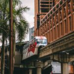Monorail traversing busy streets amidst towering buildings in Kuala Lumpur, Malaysia.