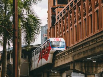 Monorail traversing busy streets amidst towering buildings in Kuala Lumpur, Malaysia.