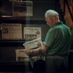 Senior adult browsing newspapers at a stand in São Paulo, Brazil. Captures urban life.