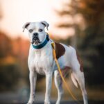 Majestic boxer dog stands on leash during sunset. Calm and vigilant.