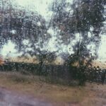 Rainy view through a window with water droplets creating an abstract pattern.