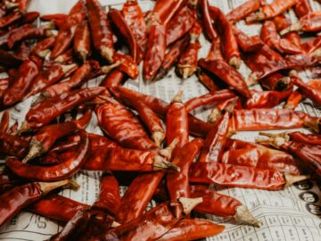 A vibrant display of dried red chili peppers spread out on a newspaper surface.
