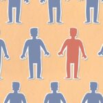 Vector art showcasing a red figure standing out among blue figures, symbolizing individuality and diversity.