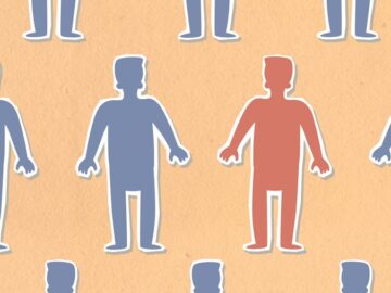 Vector art showcasing a red figure standing out among blue figures, symbolizing individuality and diversity.