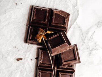 A flat lay of dark chocolate pieces with a dried flower elegantly placed, emphasizing artisanal confectionery.