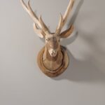 A wooden deer head sculpture with antlers mounted on a wall, casting a shadow.