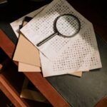 A vintage office scene with cryptic documents and a magnifying glass, evoking mystery and detective work.