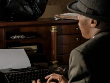 A classic noir scene depicting a detective typing on a vintage typewriter.