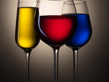 Close-up of three cocktail glasses filled with yellow, red, and blue liquids against a warm backdrop.
