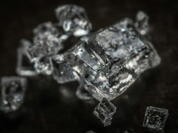 Macro shot of clear crystal cubes showcasing intricate details and textures.
