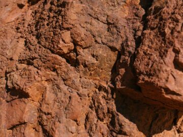 Close-up view of rugged, sunlit rock showing erosion and natural texture.