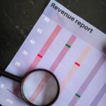 A magnifying glass on a vertical bar chart titled "Revenue report" showing monthly data analysis.