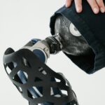 A detailed close-up of a prosthetic leg showcasing innovative technology and design.