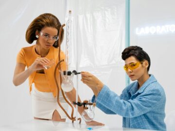 Two women scientists conducting an experiment with laboratory equipment, focusing on research.