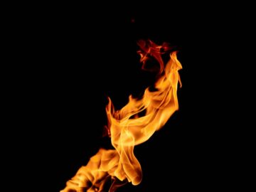 Vivid flames dance intensely against a stark black backdrop, showcasing the beauty of fire.