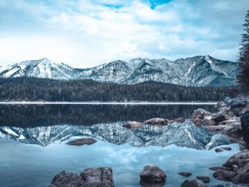 skyline photography of mountain and water