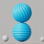 a blue vase sitting on top of a table next to three white balls