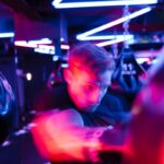 man in blue crew neck shirt