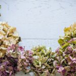 a wreath of dried flowers on a white wooden background