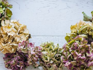 a wreath of dried flowers on a white wooden background