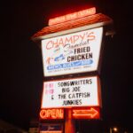 a sign with a restaurant in the background