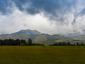 A grassy field with mountains in the background