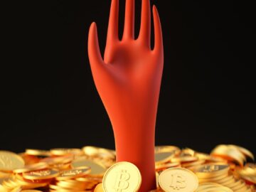 a pile of gold coins with a red hand sticking out of it