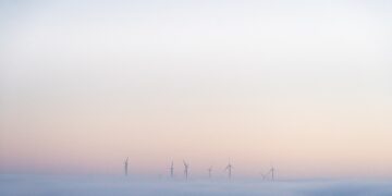a group of windmills in a foggy field