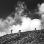 Black and white view of Teide Observatory on a cloudy day in Tenerife, Canary Islands.