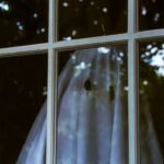 A ghostly figure appears behind a window, creating a haunting and mysterious atmosphere.