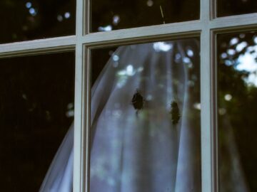 A ghostly figure appears behind a window, creating a haunting and mysterious atmosphere.