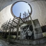 Fisheye lens captures graffiti inside an abandoned Chernobyl reactor.