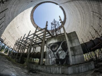 Fisheye lens captures graffiti inside an abandoned Chernobyl reactor.