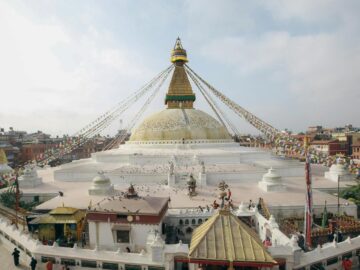 View of the iconic Boudhanath Stupa, a UNESCO World Heritage Site in Kathmandu, Nepal.