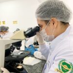 A focused lab technician examines samples under a microscope in a clinical laboratory environment.