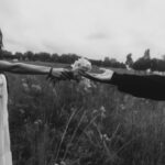 A couple shares a moment of love as they exchange flowers in a serene field.