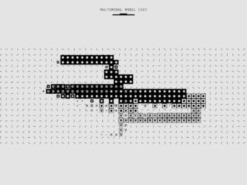 Black and white abstract representation of a multimodal model version two, featuring geometric patterns and lines.