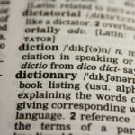 Detailed close-up view of a dictionary page highlighting the word 'dictionary' and its definition.
