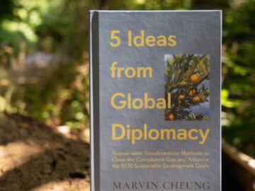 Book titled '5 Ideas from Global Diplomacy' in sunny forest setting.