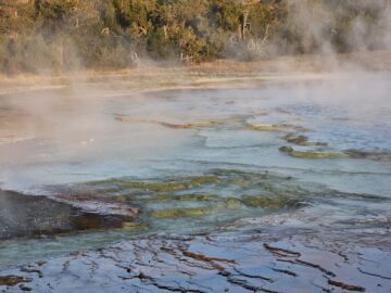 Capture of a steaming geyser field in a geothermal landscape within the United States, showcasing nature's raw power.