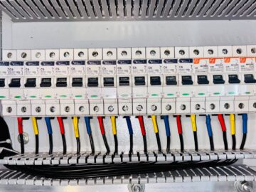 Close-up of an organized circuit breaker panel featuring color-coded electrical wiring.